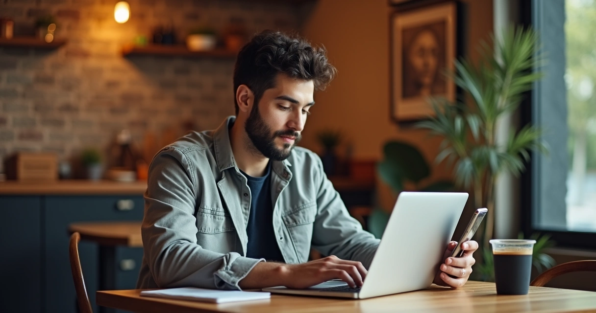 Jovem criador de conteúdo analisando gráficos no Instagram em laptop e smartphone 