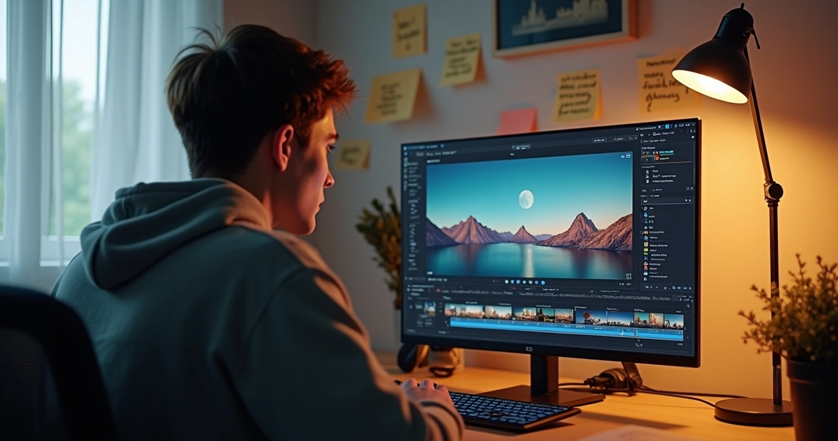 Pessoa editando vídeo em notebook com interface de IA visível na tela 