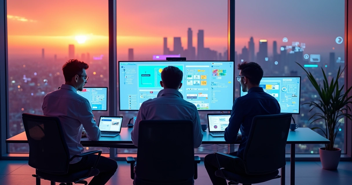 Criador no-code trabalhando em app na interface Bubble em escritório futurista 