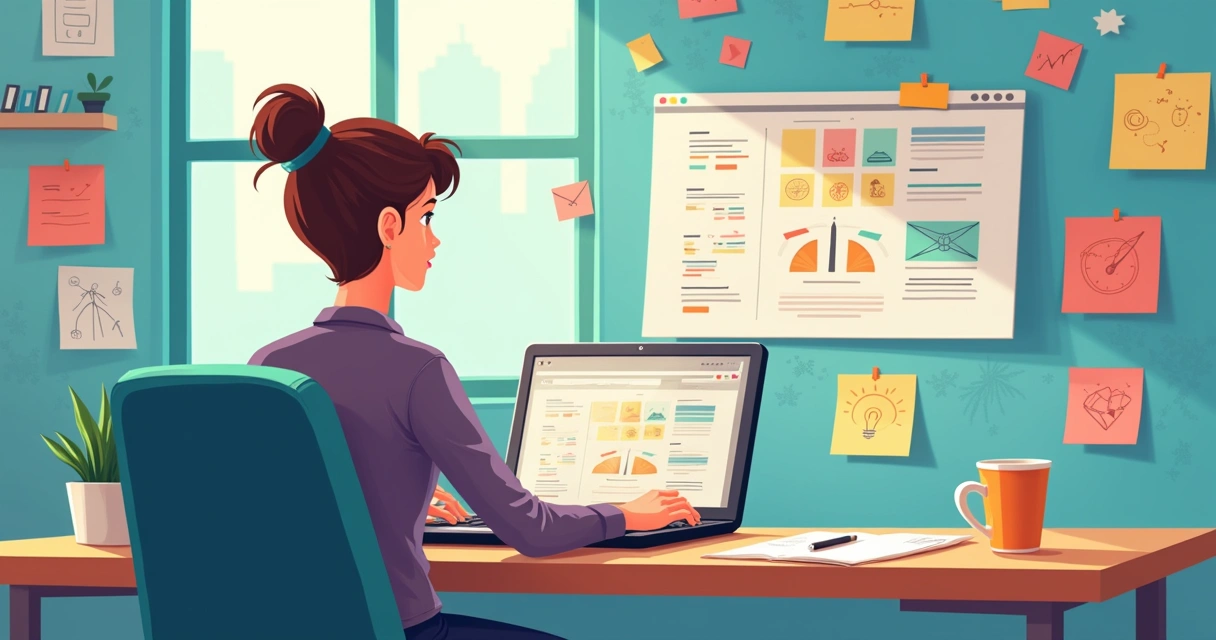 Pessoa digitando em laptop cercado por post-its e anotações, criando sistema digital 