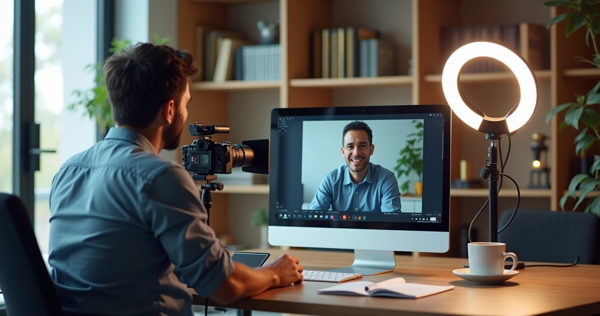 Empresário brasileiro gravando vídeo para curso online em escritório moderno 