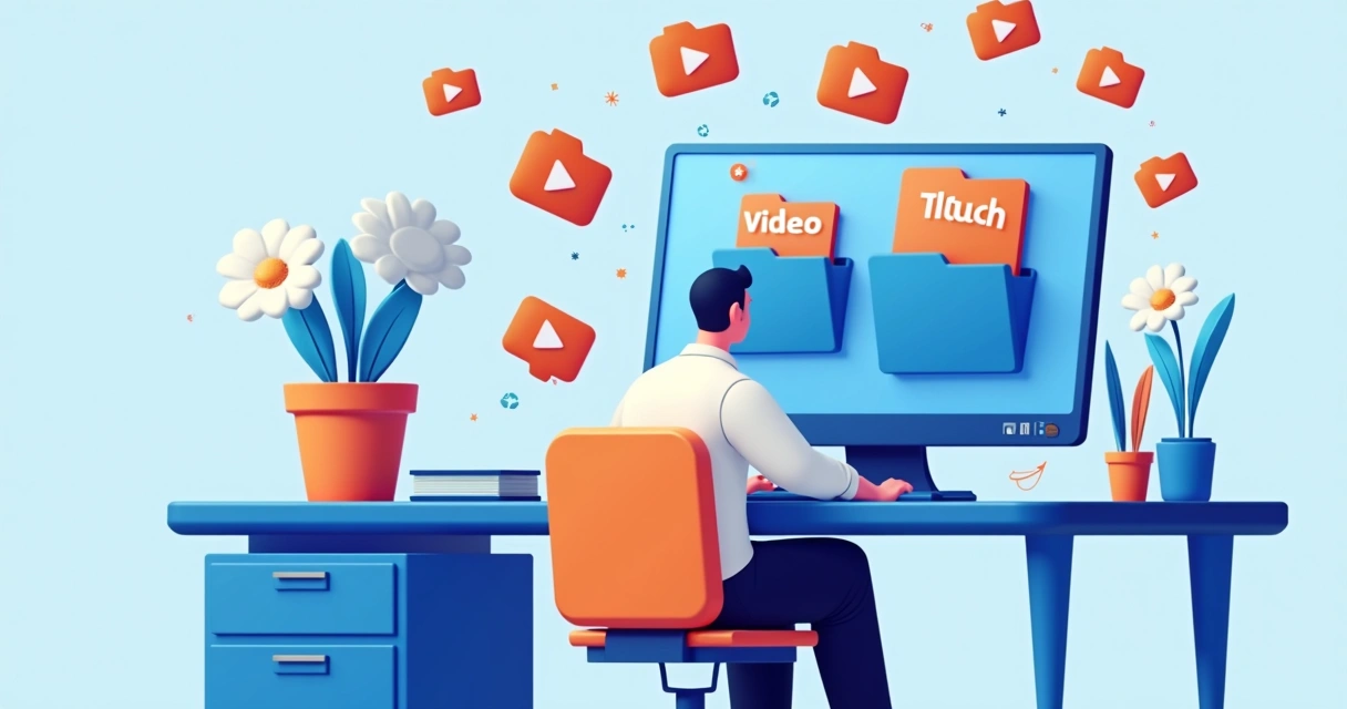 Pessoa organizando cortes de vídeo em uma tela com ícones de nuvem