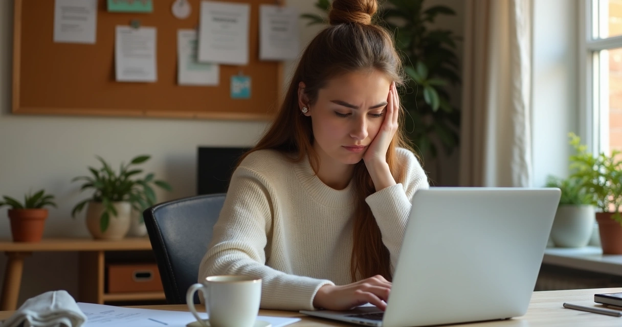 Influenciador digital sentado diante de computador preocupado com mensagem de atraso de pagamento