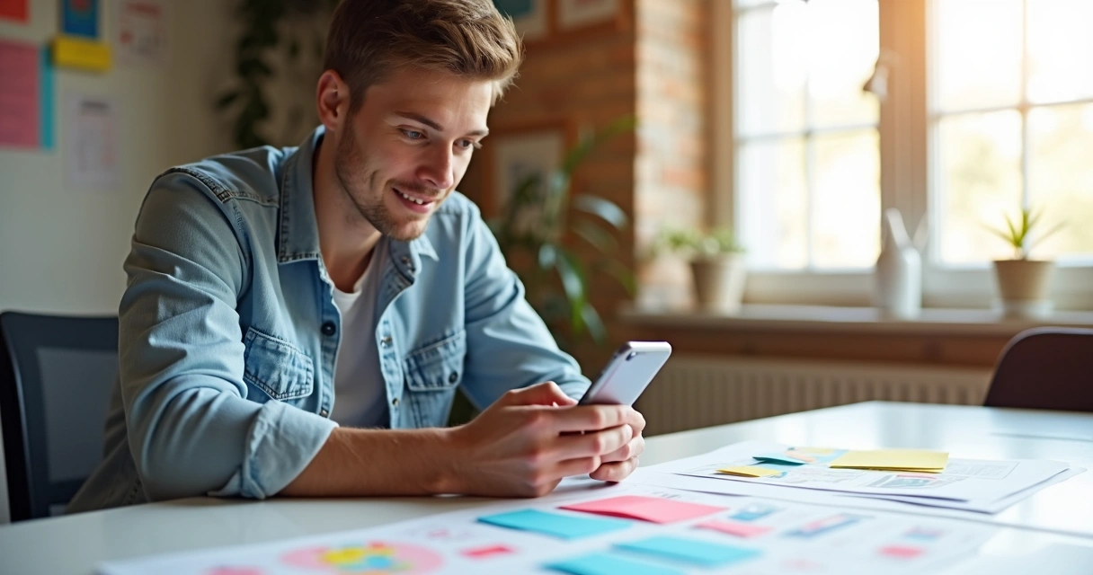Homem olhando para gráficos enquanto usa o celular e planeja posts para Instagram 