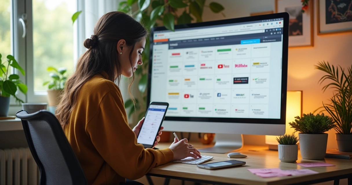Influenciador planejando conteúdo em calendário virtual para várias redes 