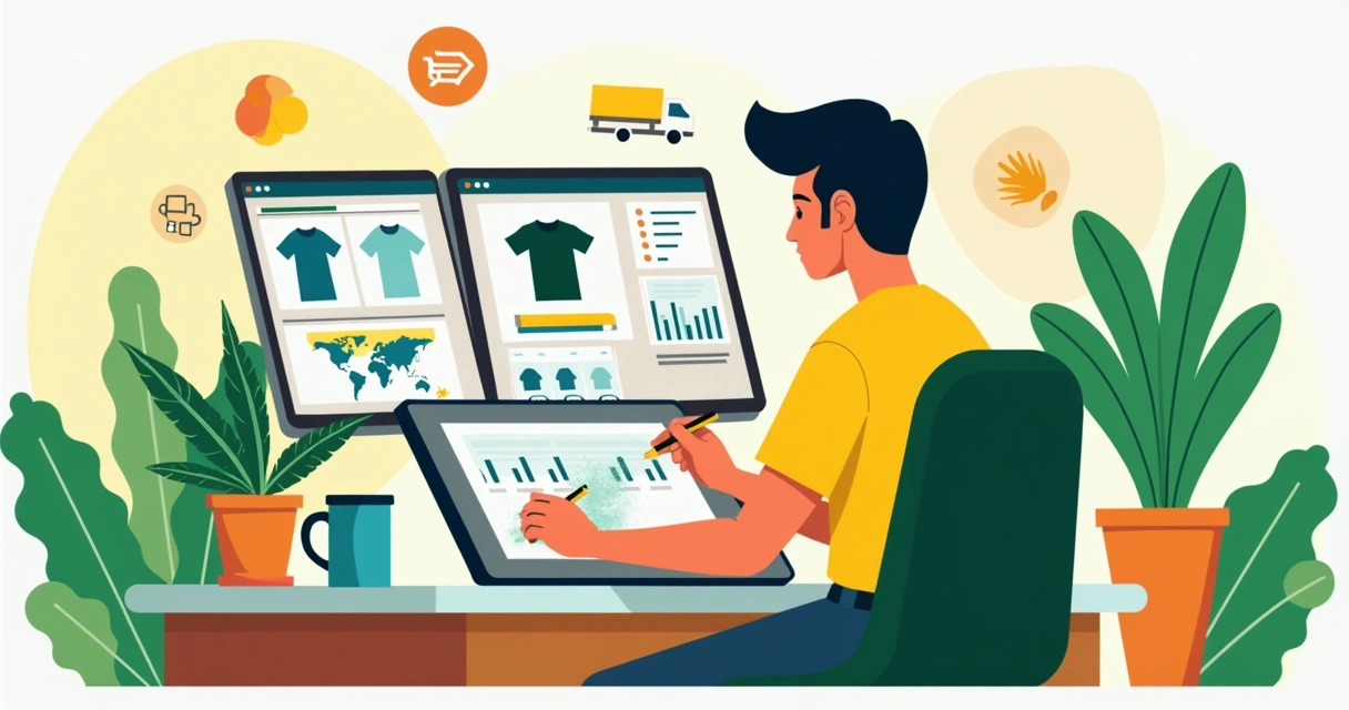 Criador digital trabalhando em designs para print on demand com mesa digitalizadora 