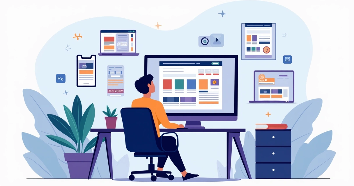 Profissional criando portfólio online em computador com vários layouts de site na tela 