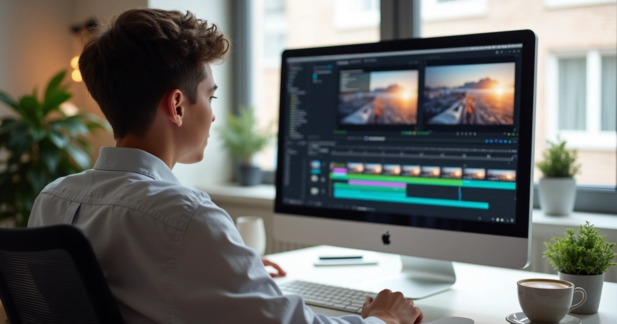 Pessoa editando vídeo em tela de computador