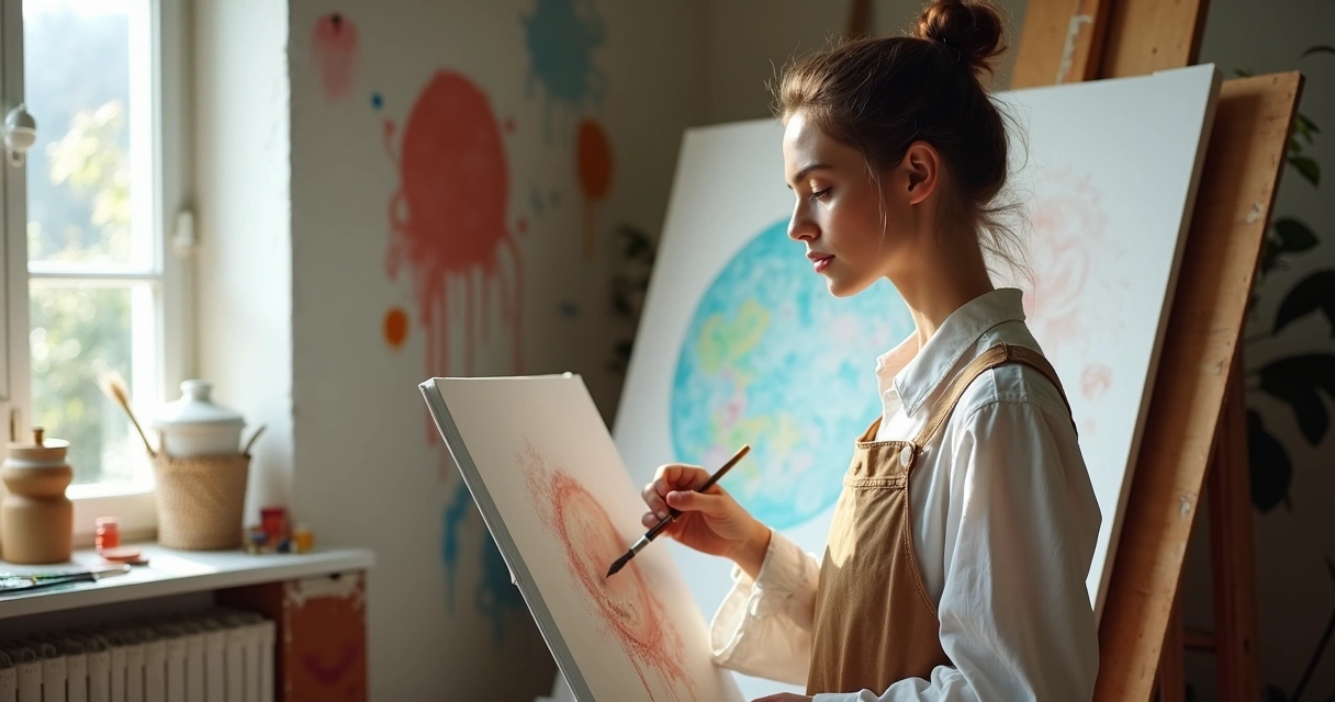 Artista observando atentamente pintura em estúdio criativo 