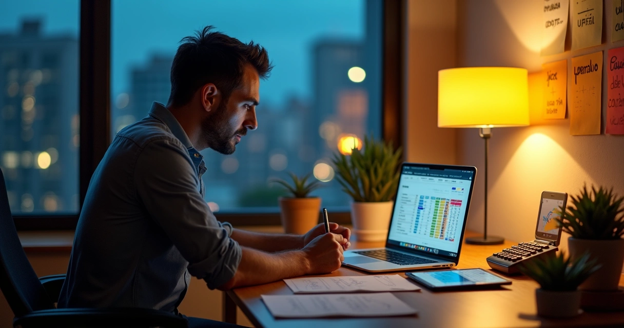 Empresário calculando preço de produto digital em escritório moderno 