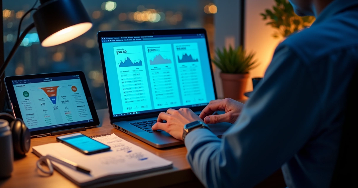 Criador de produto digital ajustando preco em notebook com graficos ao fundo 