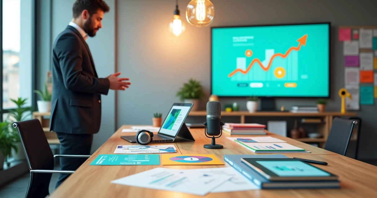 Empreendedor organiza vários produtos digitais em mesa ampla com telas e objetos tecnológicos 