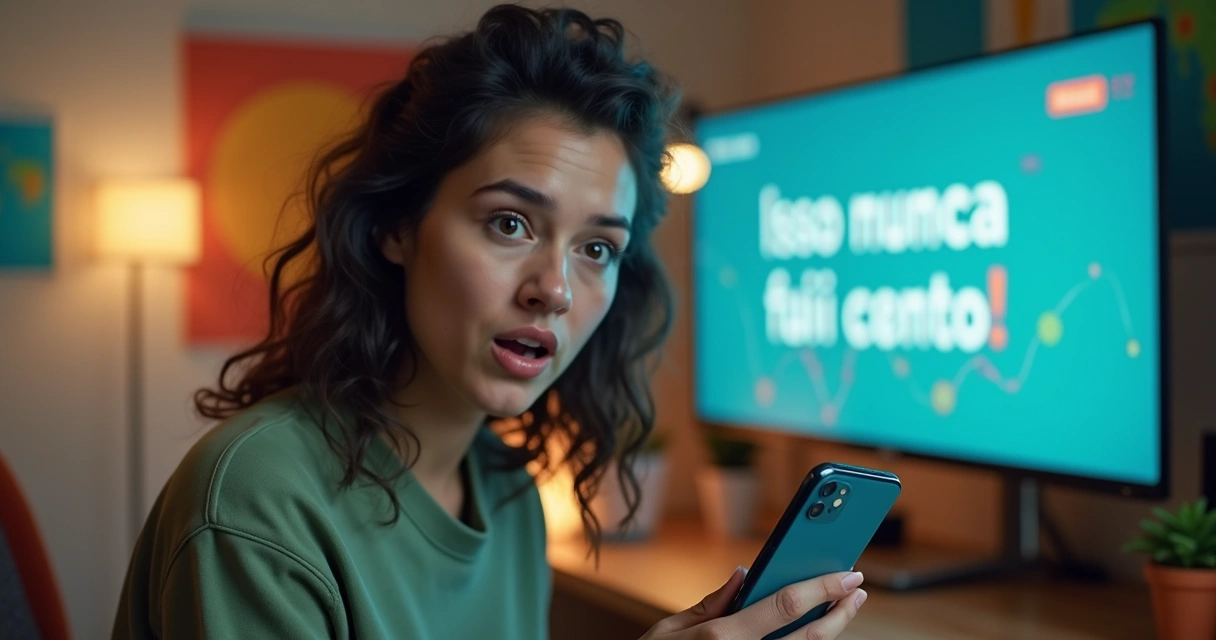 Influenciador grava vídeo fazendo gesto surpresa, rosto em foco, smartphone em mão 