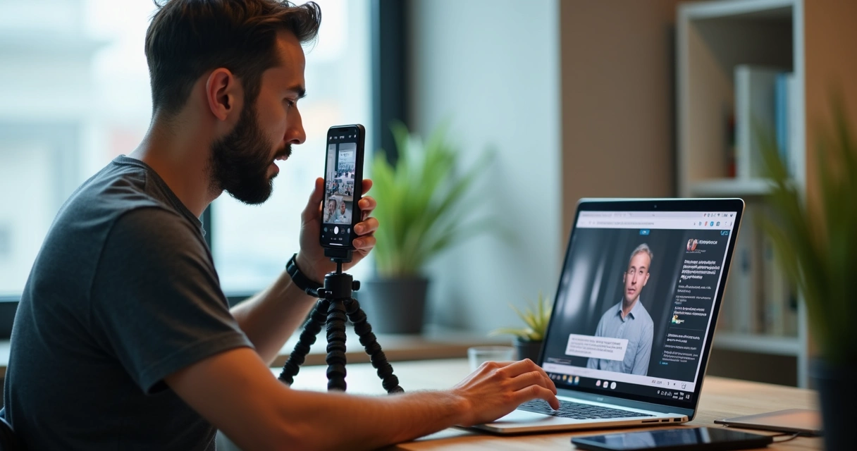 Homem gravando vídeo de reação na mesa de trabalho 