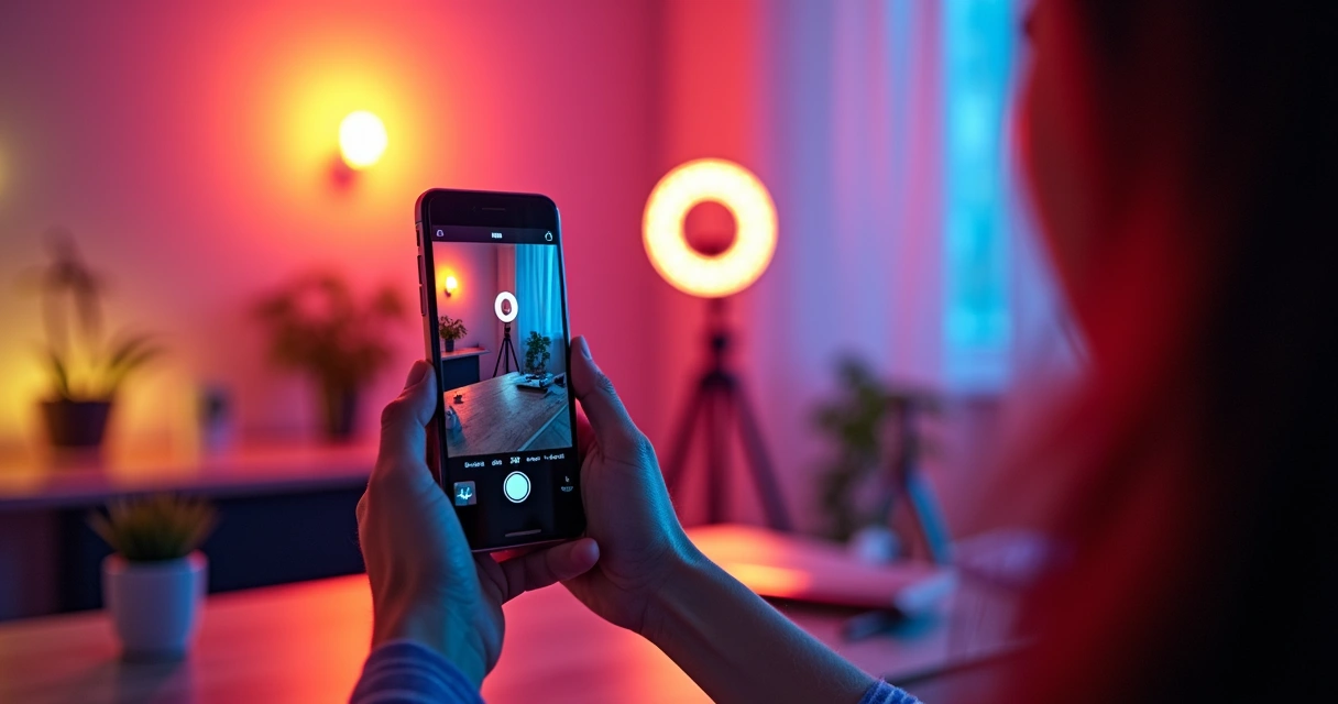 Pessoa gravando vídeo Reel com celular em cenário colorido 