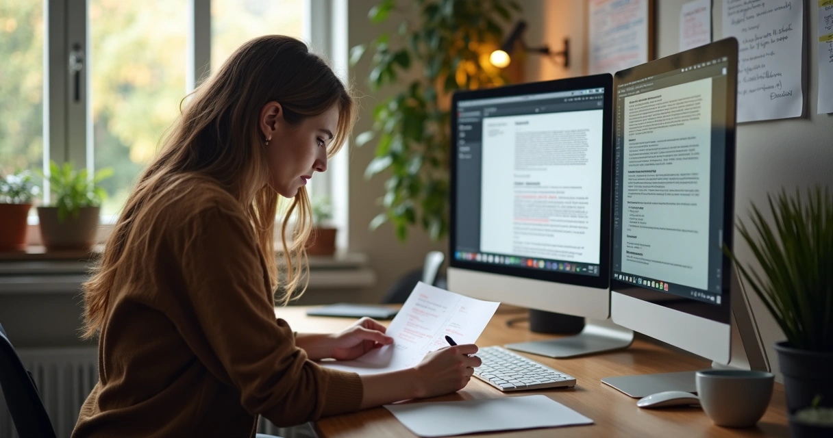 Pessoa revisando rascunho de conteúdo gerado por inteligência artificial