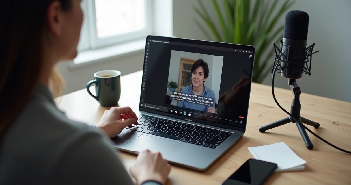 Creator reviewing automatic subtitles in video on notebook