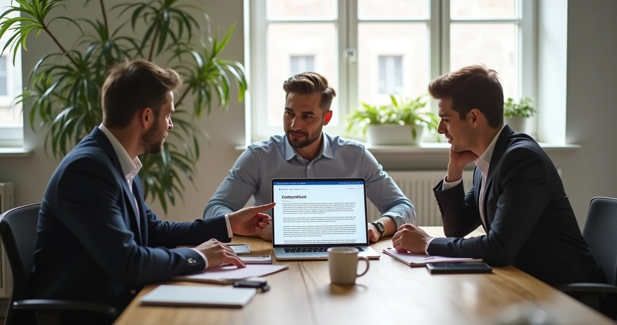 Três pessoas em escritório moderno analisando contrato digital em laptop para garantir pagamento seguro em parceria 
