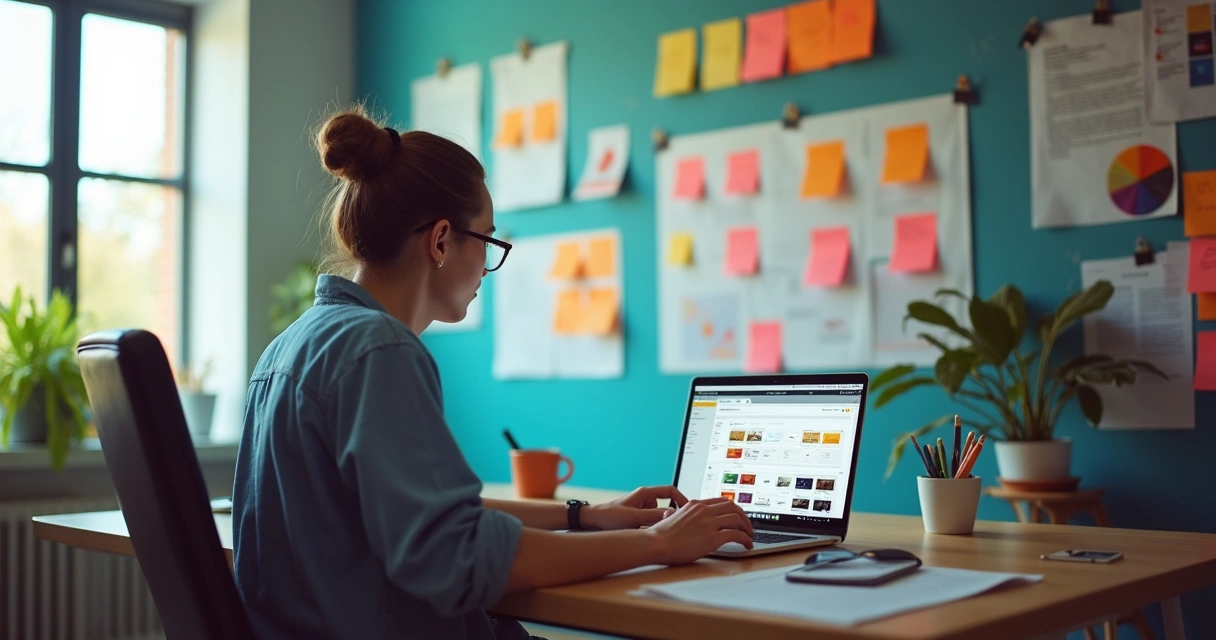 Editor drag and drop de site aberto em notebook em mesa moderna