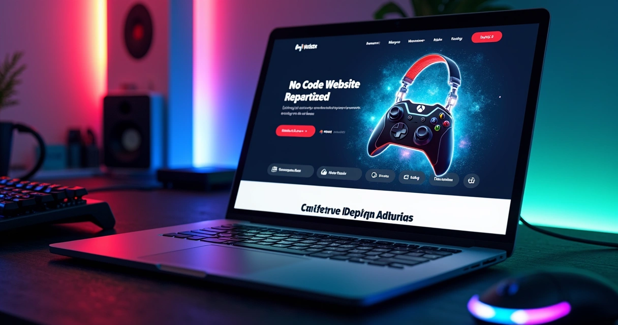 Painel de criação de site gamer em notebook com layout neon