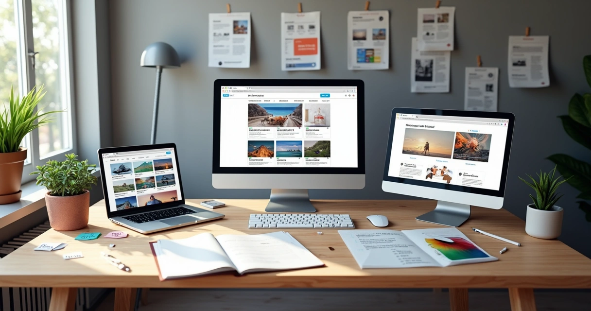 Ambiente criativo mostrando várias telas com diferentes layouts de sites 