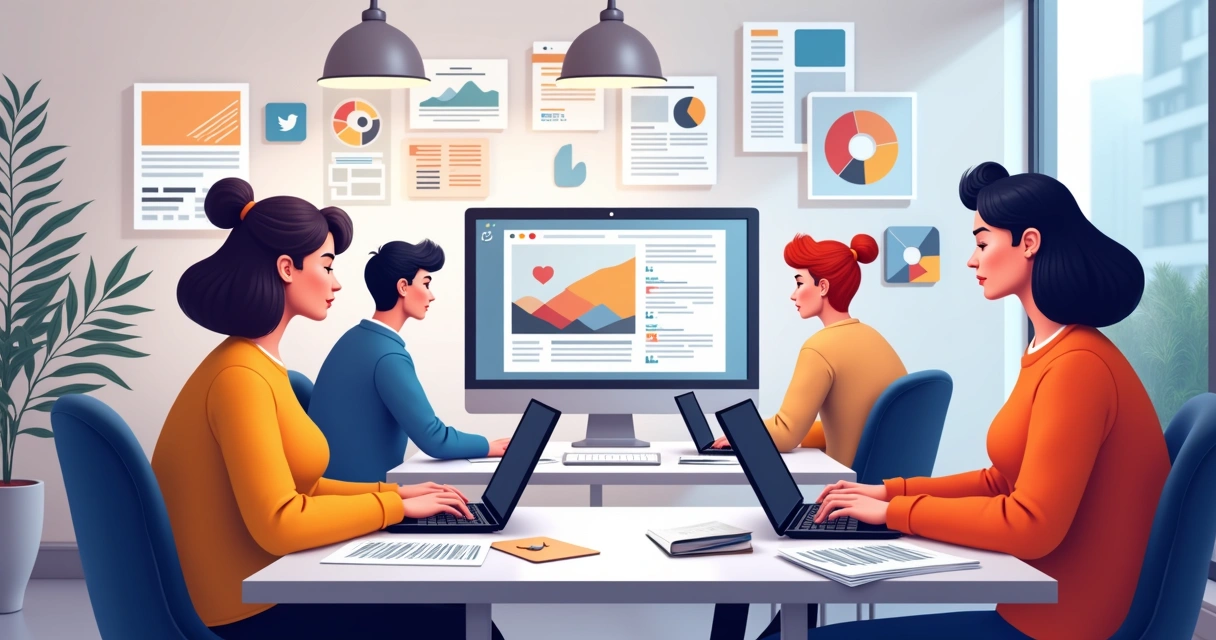 Pessoas com laptops criando sites em ambiente colorido 