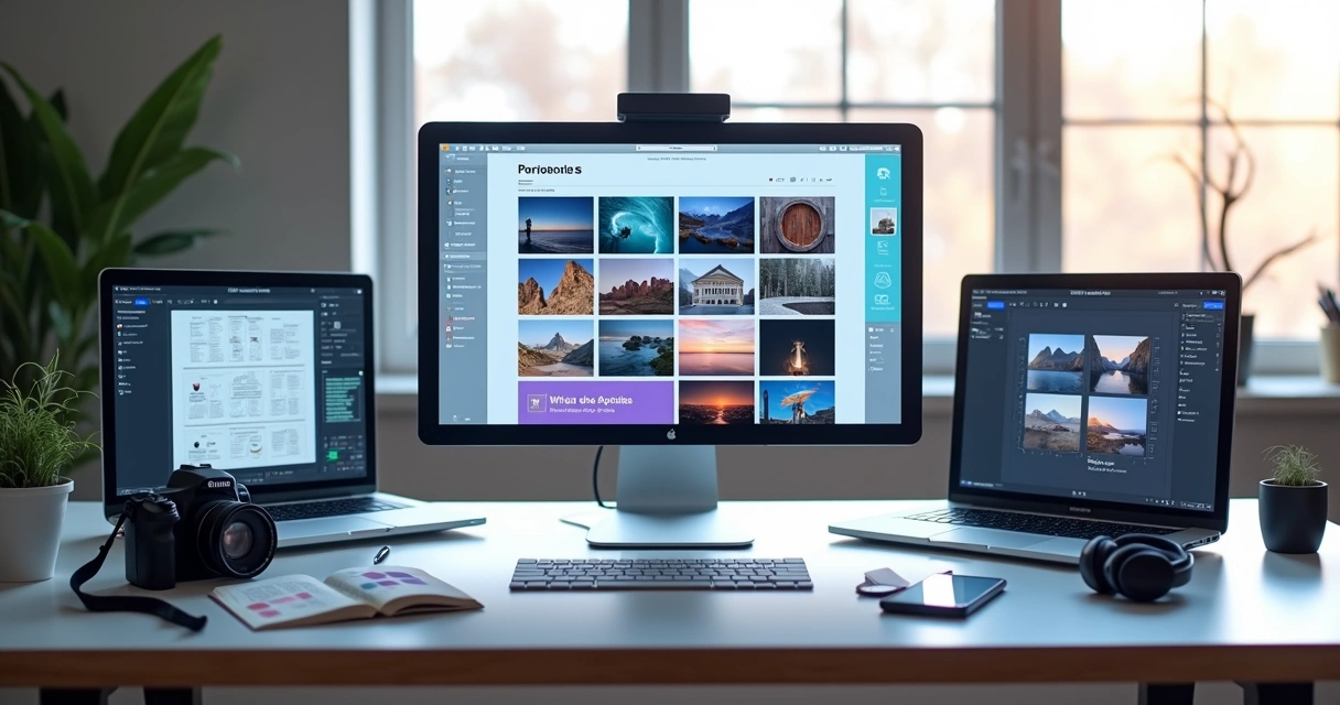 Tela de computador exibindo criador de site de portfólio com fotos e layout profissional 