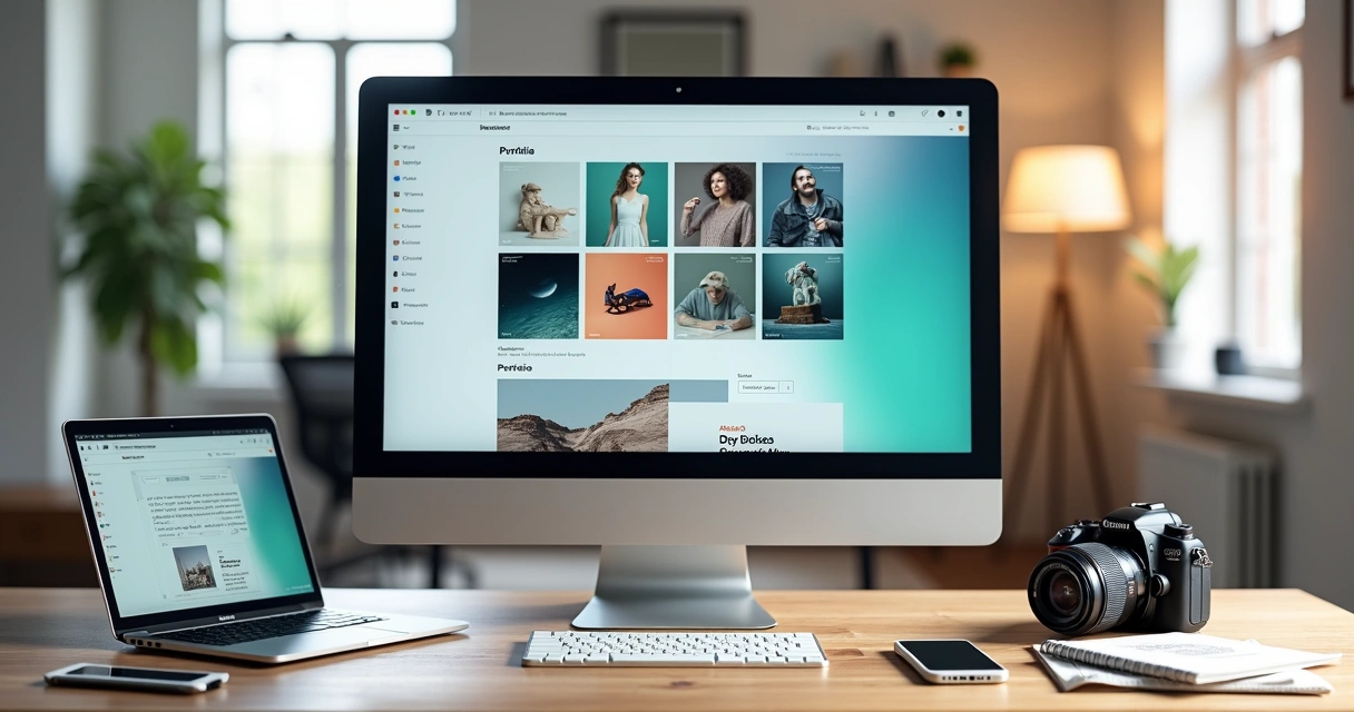 Tela de computador exibindo site de portfólio moderno em escritório criativo 