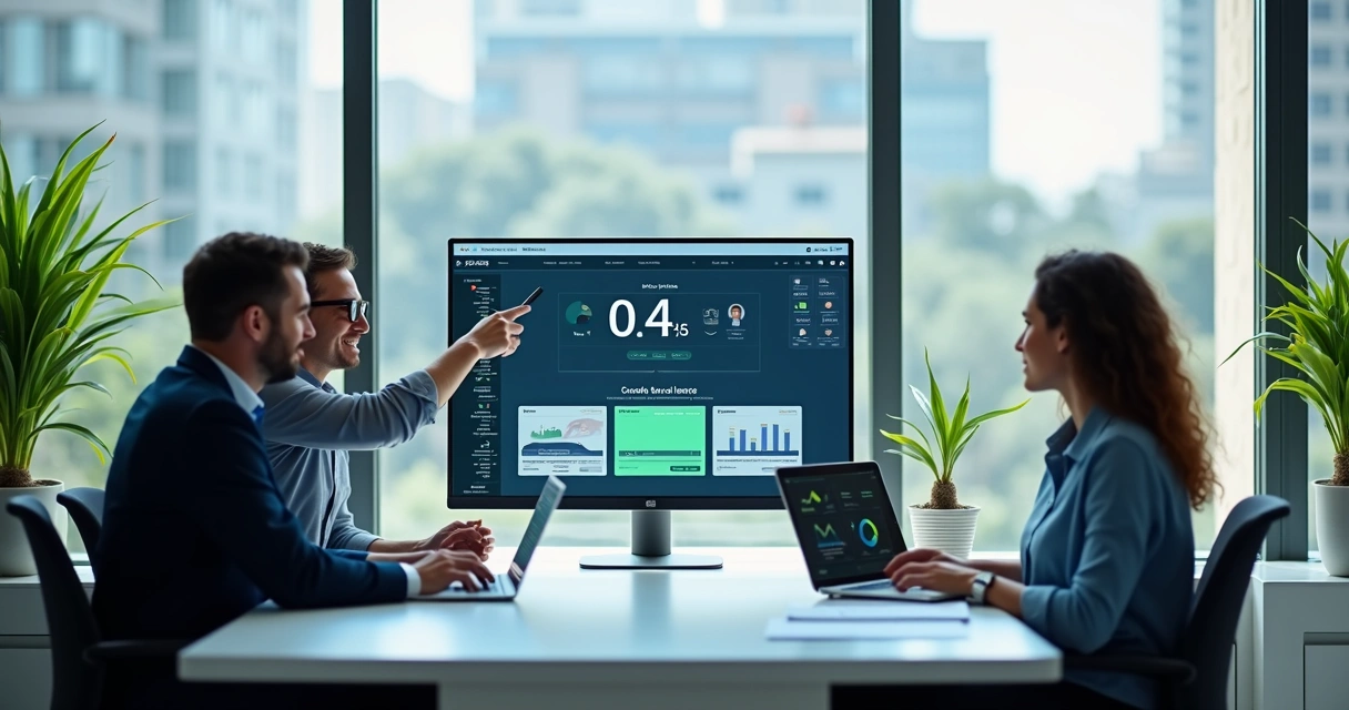 Tela de computador com construtor de site rápido e equipe de marketing analisando resultados 