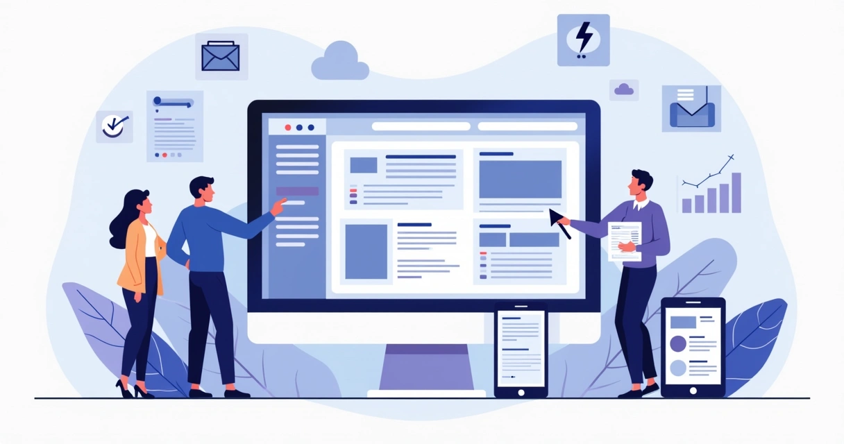 Dashboard de criador de sites rápido com landing page sendo construída em tela de computador 