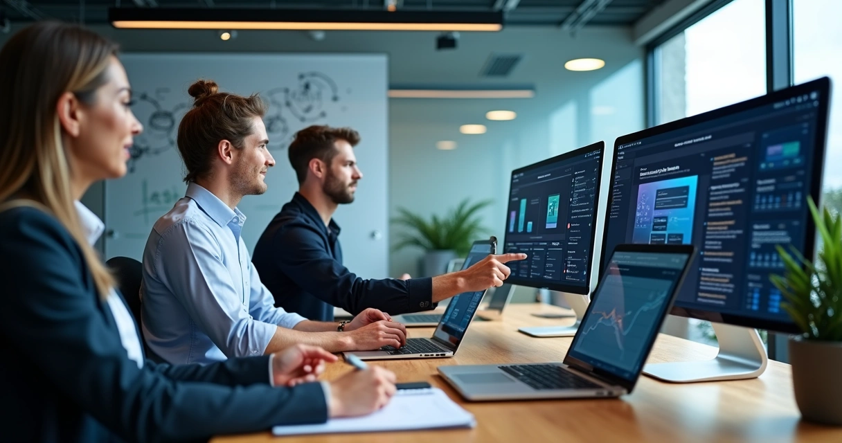 Equipe de agência de marketing analisando criador de sites em vários monitores 