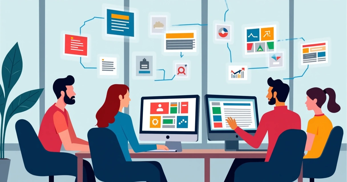 Equipe colaborando em laptops, criando sites em ambiente moderno 