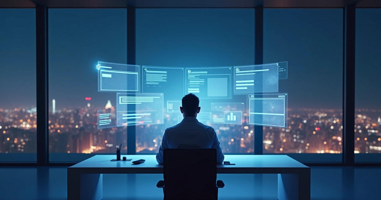 Pessoa usando interface de criador de sites com IA em painel holográfico 