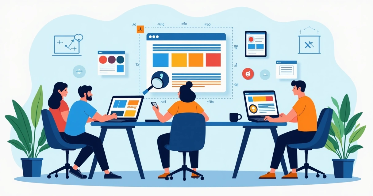 Ilustração mostrando telas de criadores de sites com interface intuitiva e design responsivo, pessoas trabalhando lado a lado 