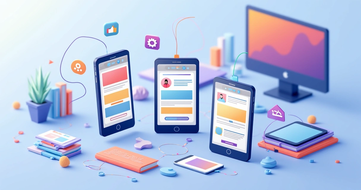 Ilustração de vários celulares exibindo layouts diferentes de sites responsivos 