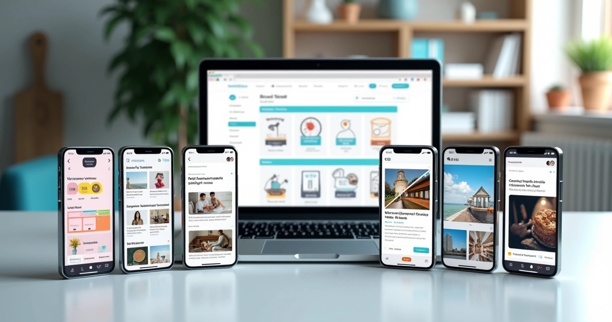 Vários smartphones exibindo layouts de sites mobile responsivos 