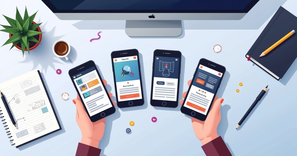 Ilustração com vários smartphones exibindo designs de sites mobile diferentes 