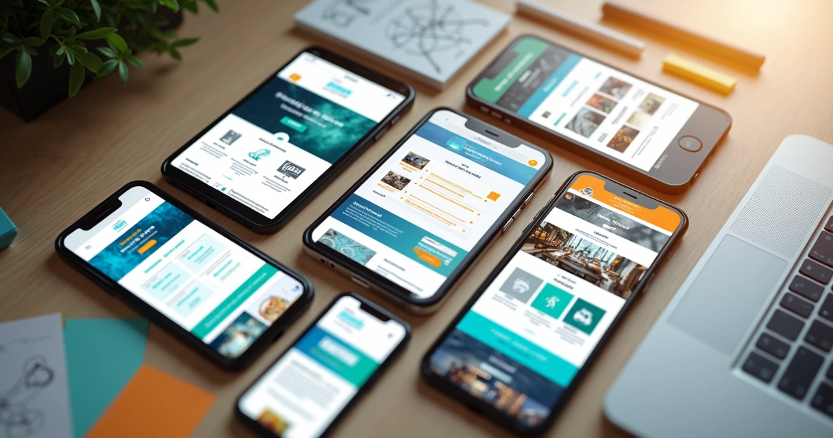 Vários smartphones mostrando diferentes layouts de sites mobile responsivos sobre mesa moderna 