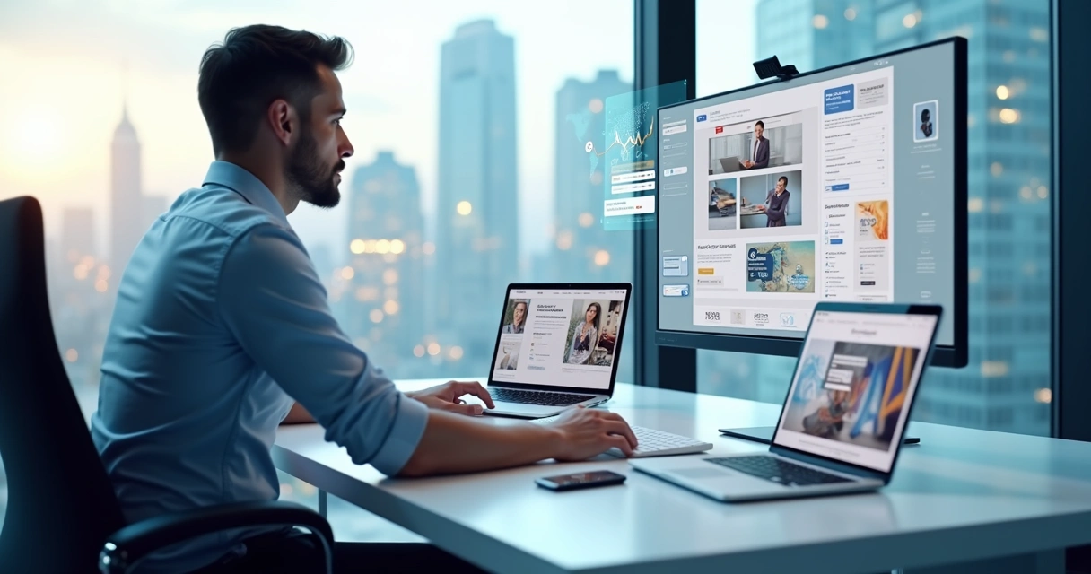 Profissional criando site moderno em vários dispositivos com gráficos de desempenho e SEO 