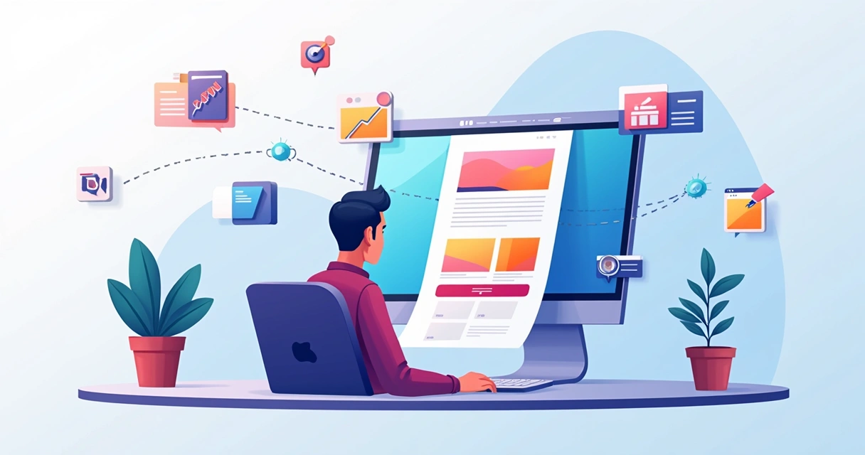 Webdesigner analisando diferentes criadores de site em layout one page na tela 