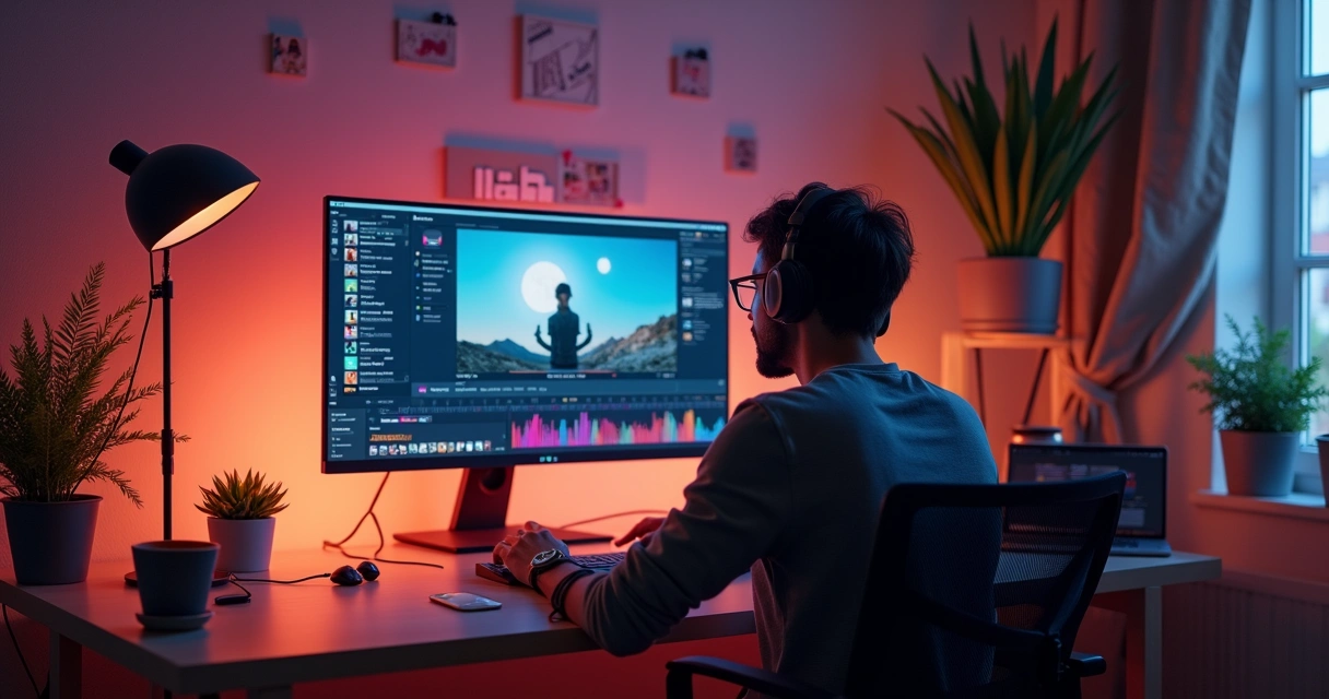 Pessoa editando vídeo no computador em casa 