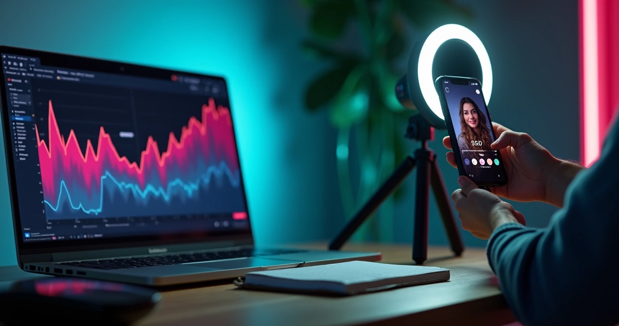 Criador de conteúdo grava vídeo para TikTok mostrando vendas online em tela de notebook 