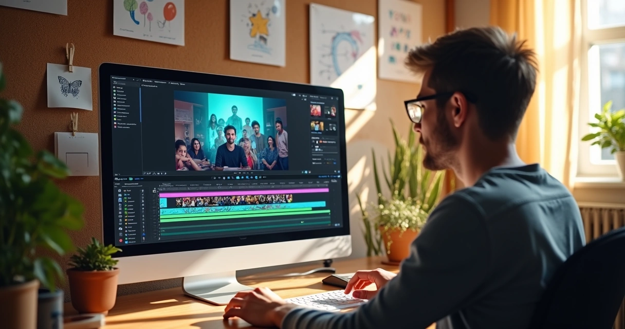 Person editing videos using AI platform on computer 