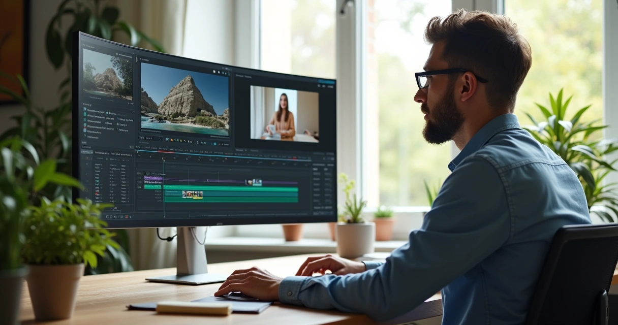 Person using a computer to edit video with open timeline and modern interface 