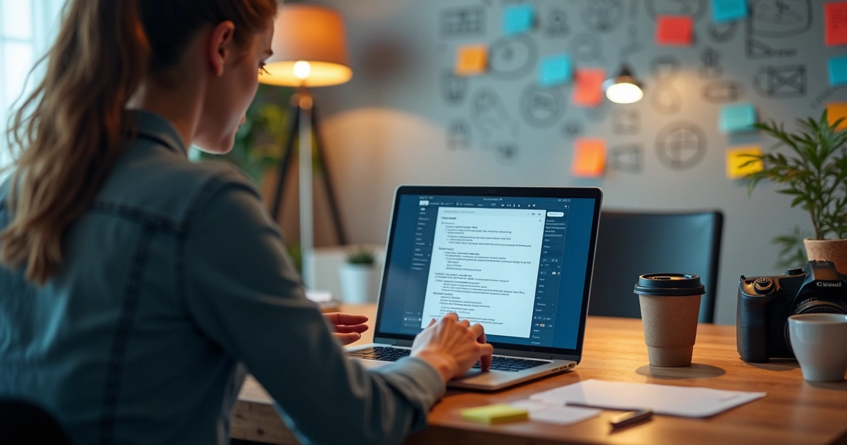 Criador de conteúdo revisa roteiro de vídeo gerado automaticamente em notebook 