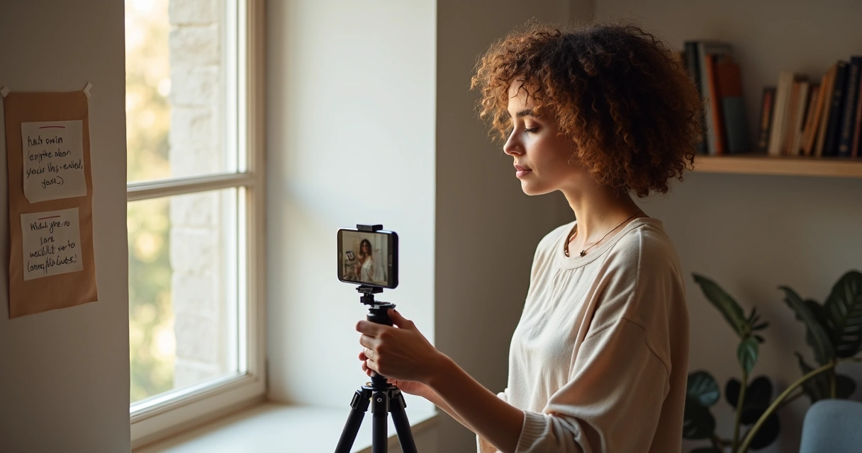 Mulher gravando vídeo para redes sociais com roteiro em papel 