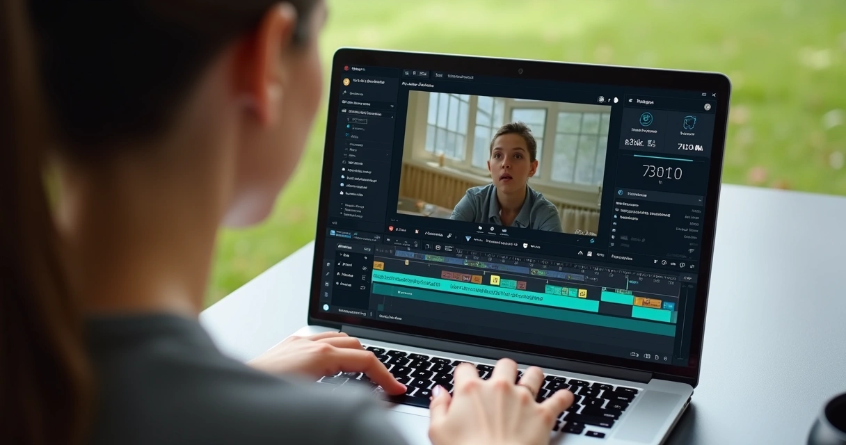 Person editing video with dynamic subtitles on screen and intuitive editing interface