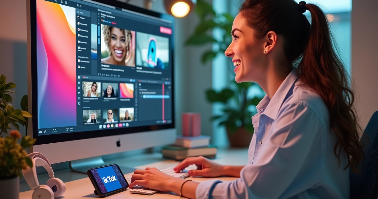 Pessoa editando vídeo em computador sorrindo em ambiente moderno e colorido. 