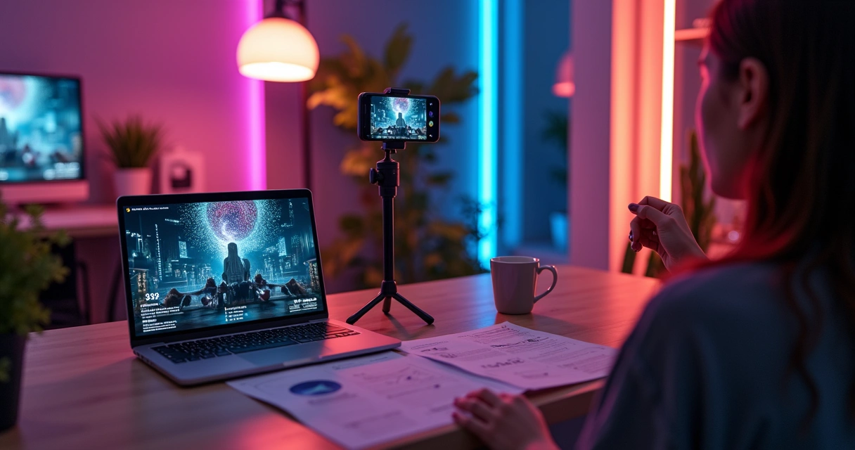 Pessoa produzindo reels em cenário moderno, luzes de LED ao fundo 