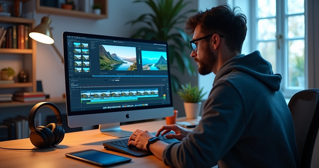 Criador de conteúdo editando vídeo stop motion em computador moderno com múltiplas janelas de edição e cenas cortadas exibidas na tela 